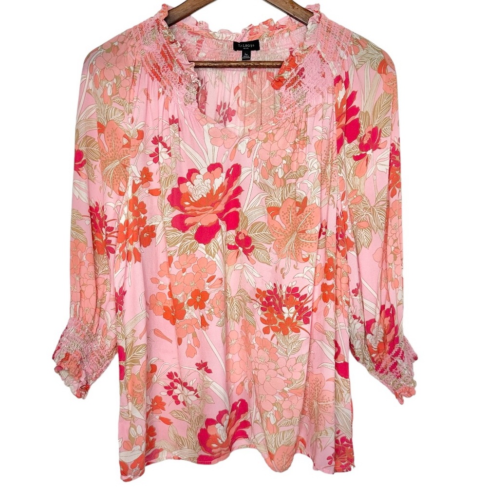 Talbots Pink Floral Smocked Peasant Blouse with V-Neck